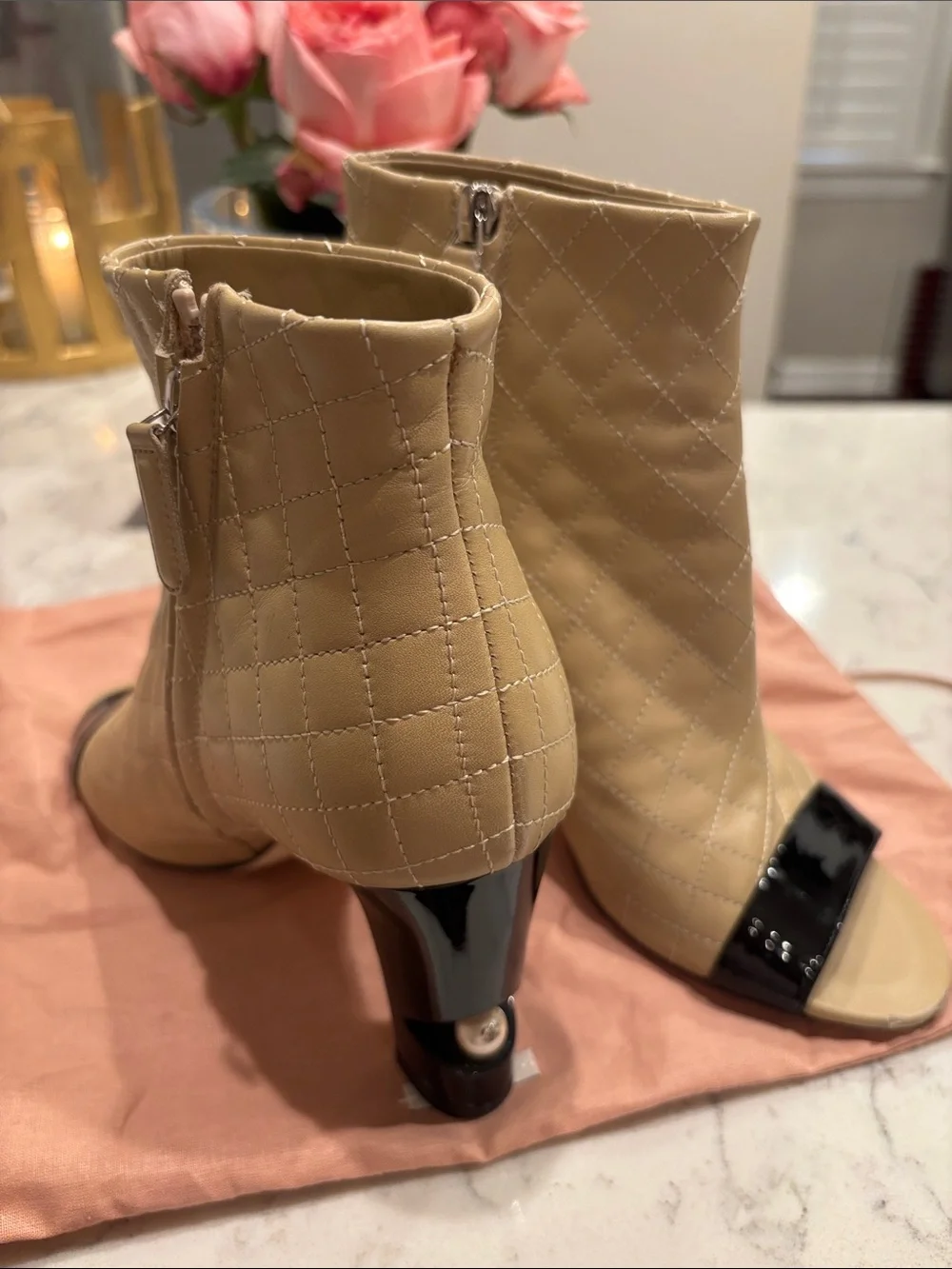 CHANEL Beige Quilted Peep-Toe Ankle Boots with Black Patent Trim